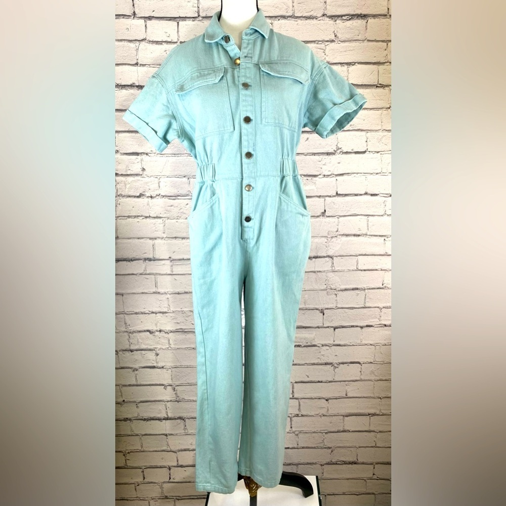 Listicle Jumpsuit size Medium Mint Green Denim Jumpsuit Romper Playsuit Denim - Picture 2 of 11